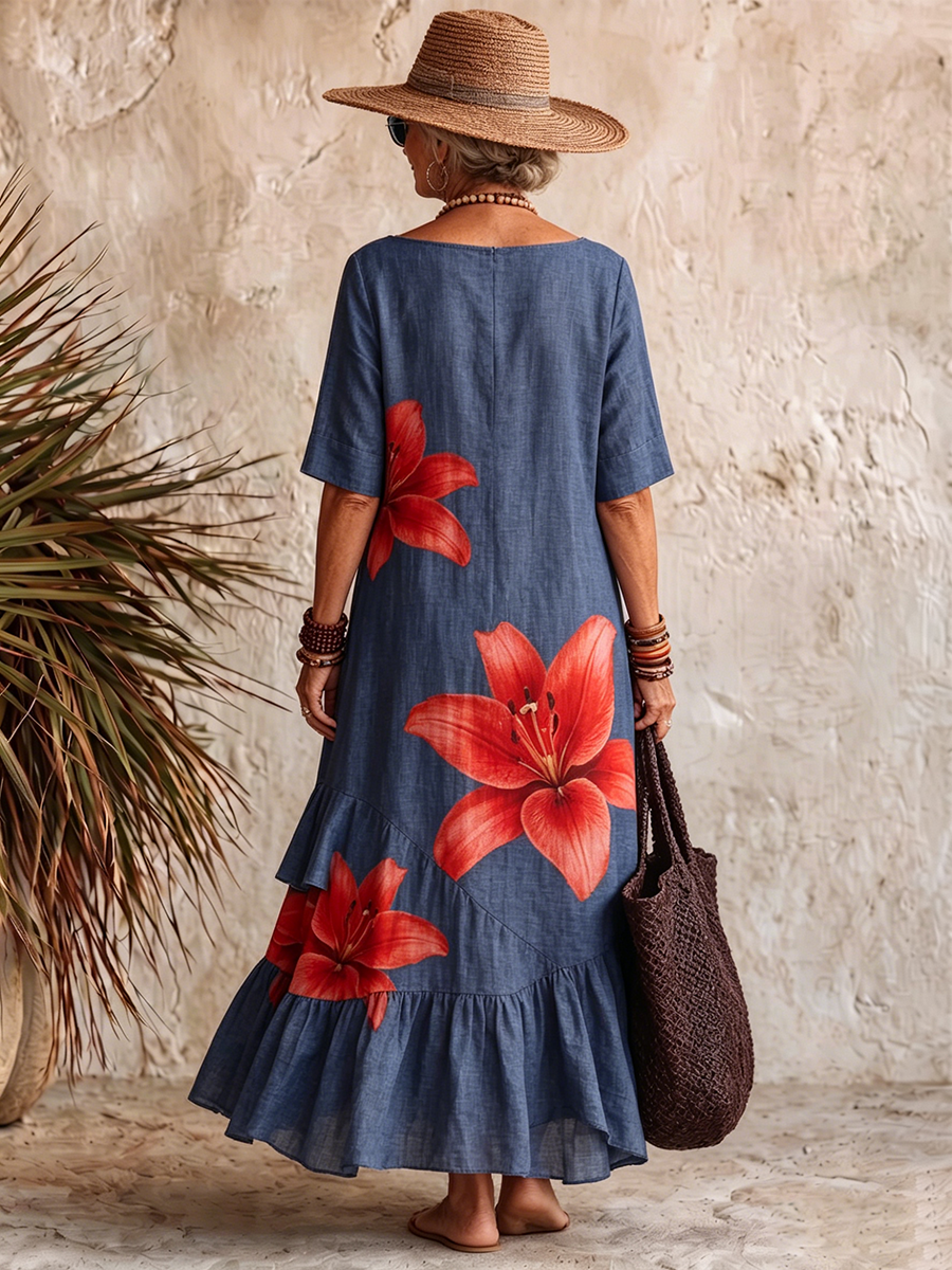 Artistic Lily Print Boat-neck Cotton Dress With Ruffled Hem