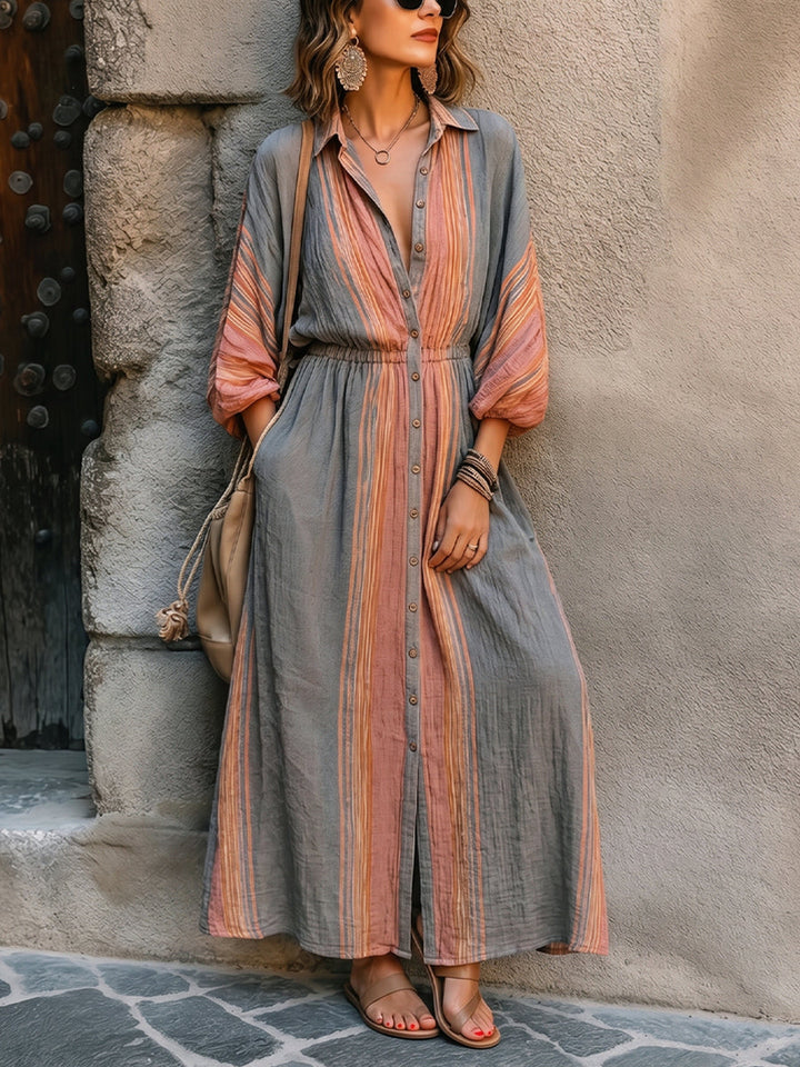 Striped Collared Waisted Maxi Shirt Dress
