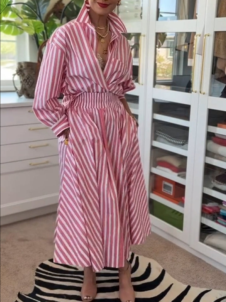 Casual &amp; Comfortable Striped Linen-cotton Shirt And A-line Skirt Two-piece Set