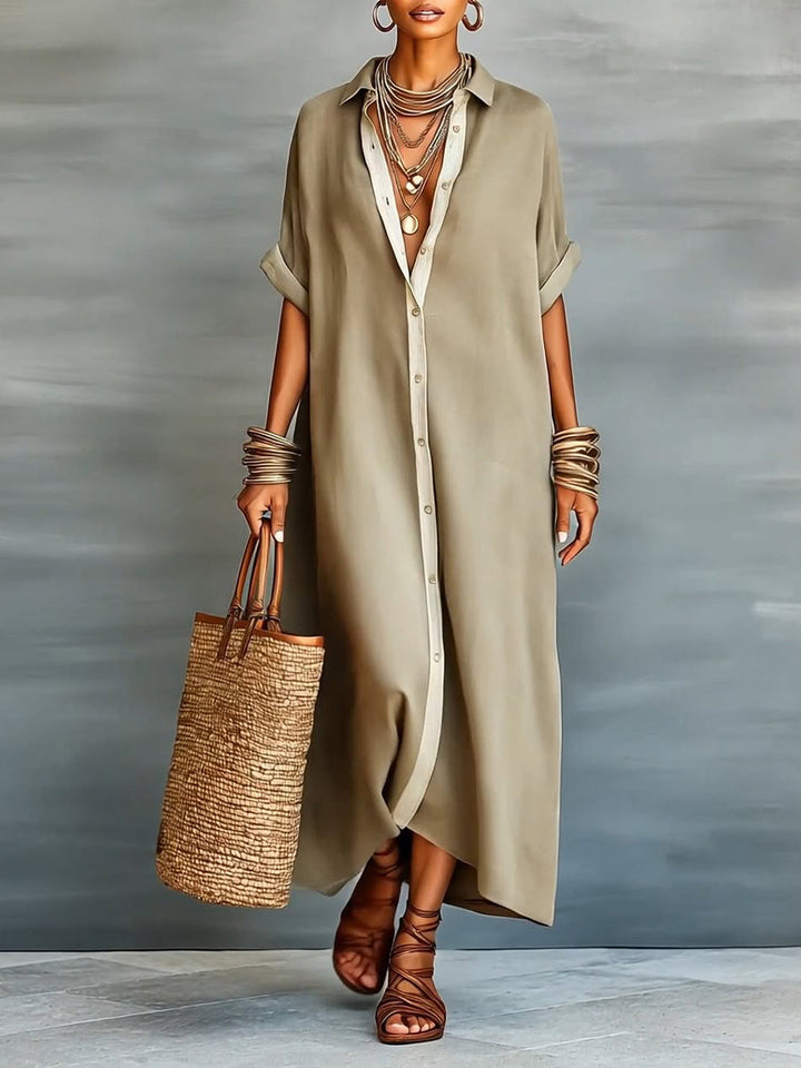 Women’s Linen &amp; Cotton Shirt Dress – Casual Loose Fit Summer Midi Dress