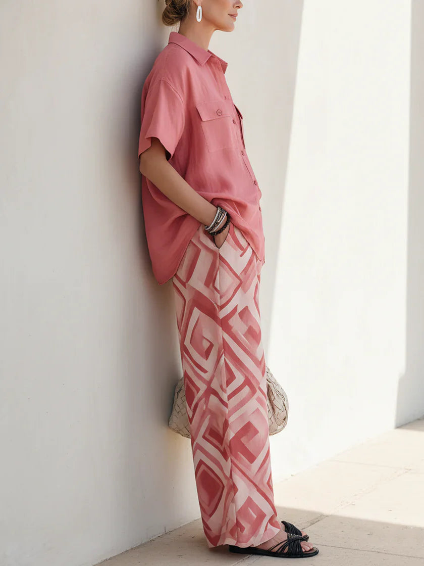 Casual Linen And Cotton Short-sleeve Shirt And Geometric-print Pants Two-piece Set