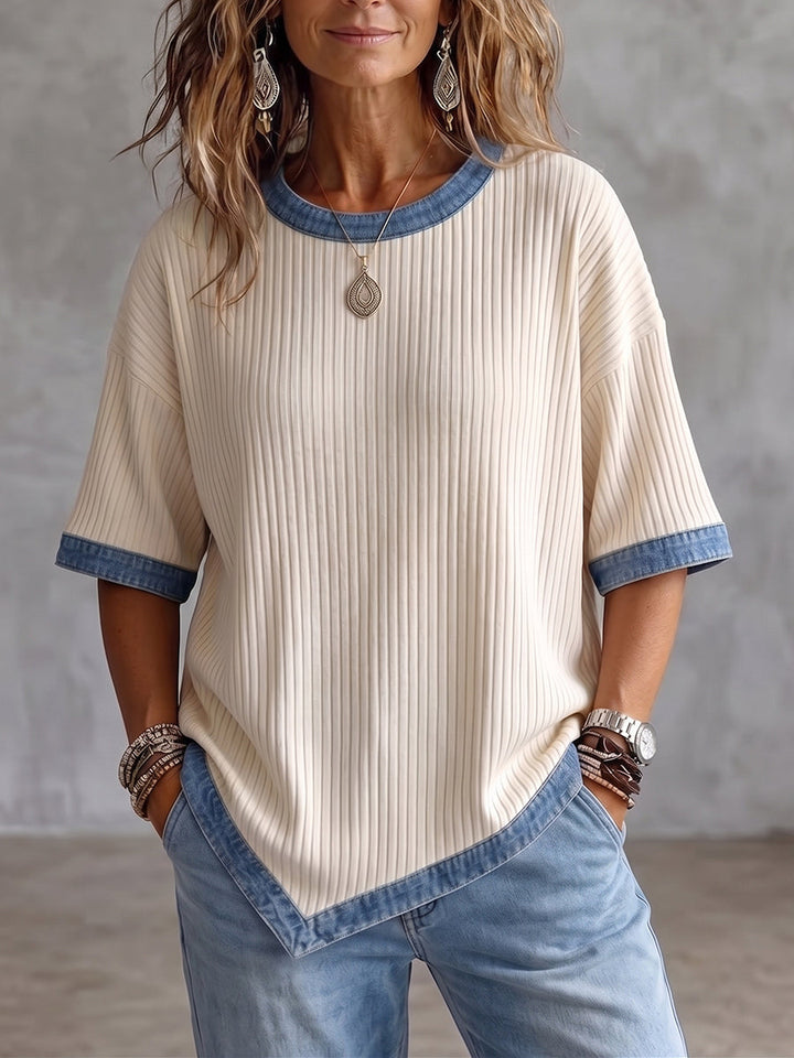 Cozy Casual Denim-paneled Knit Top