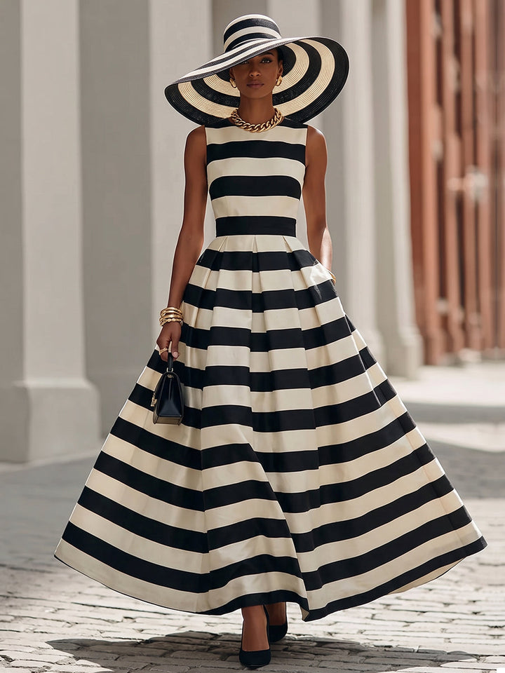 Elegant Black And White Striped Maxi Dress