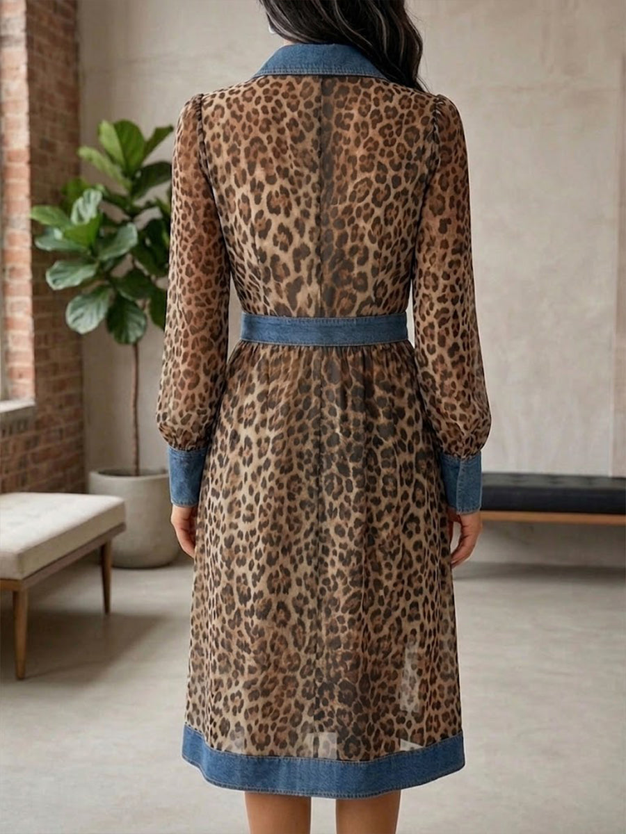 Stylish Casual Leopard-print Chiffon And Denim Patchwork Dress
