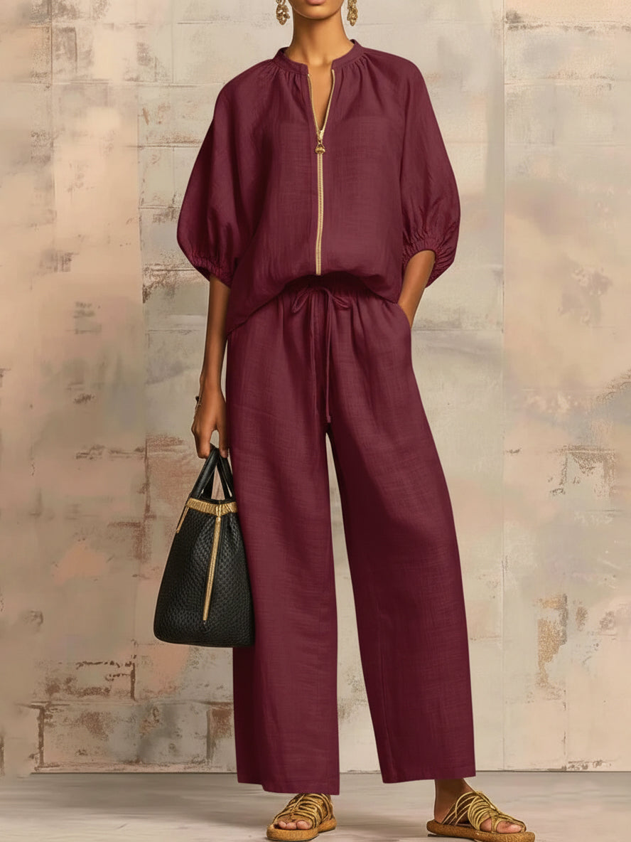 Stylish Cozy Shirt &amp;amp; Wide-Leg Pants Linen Cotton Two-Piece Set