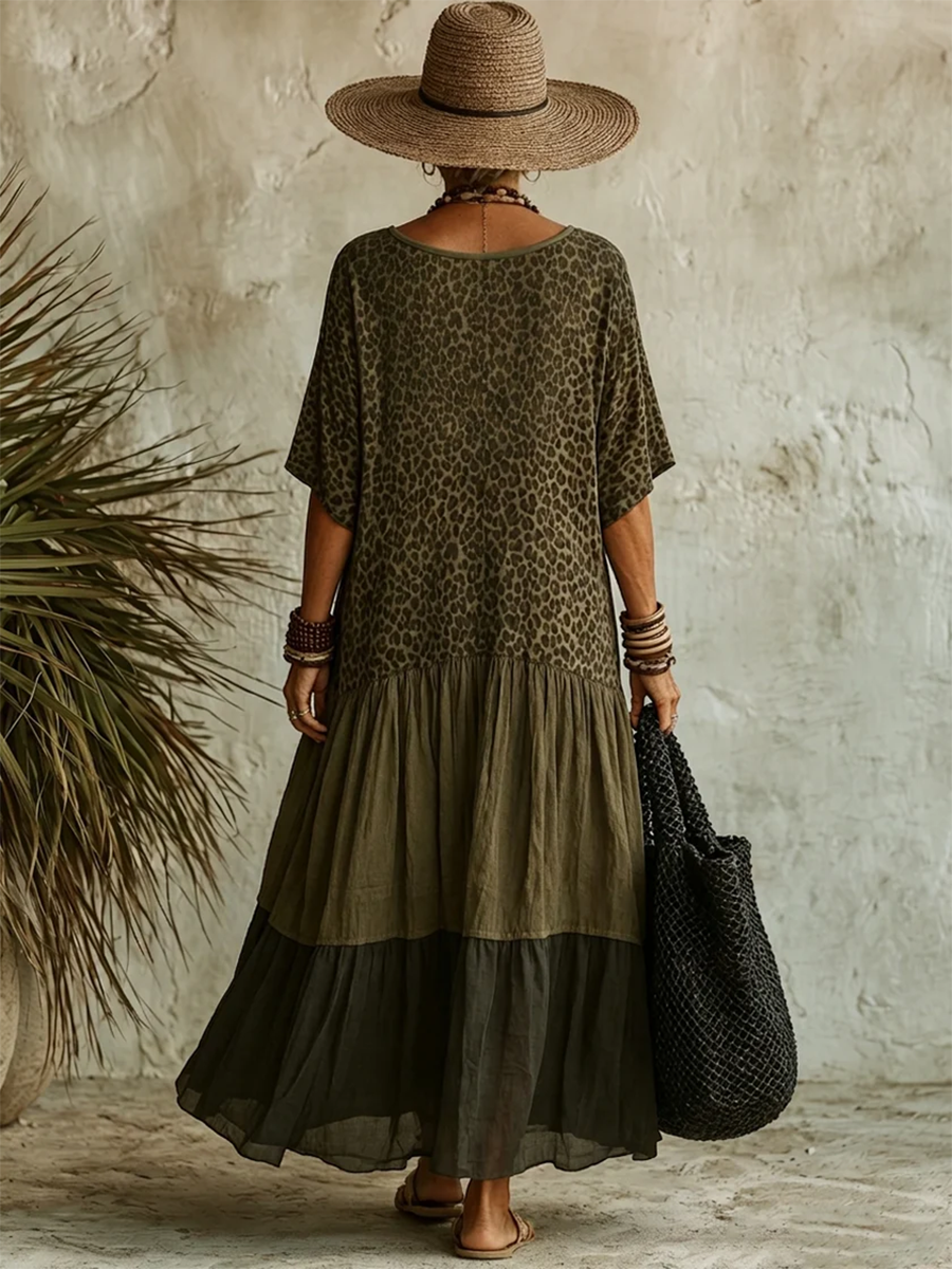Casual Leopard-print Spliced chiffon &amp; Cotton Dress