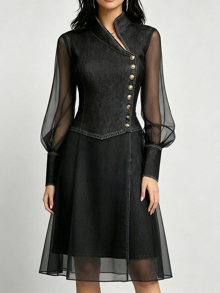 Stylish Stand-collar Organza-paneled Denim Dress