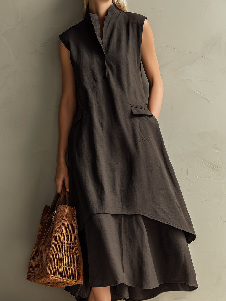Dark Brown Linen Cotton Two-piece Midi Dress Set (stand Collar Sleeveless Tunic + Lined Skirt)