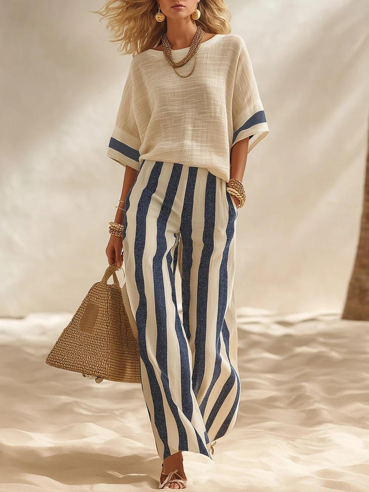 Beige Textured Cotton-linen Color-block Top &amp; Blue-white Striped Elastic Waist Wide-leg Pants Set