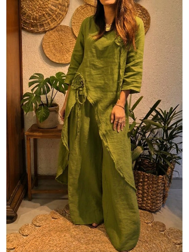 Casual Loose-fit Linen &amp; Cotton Two-piece Set: Long Top With 3d Floral Accents And Trousers