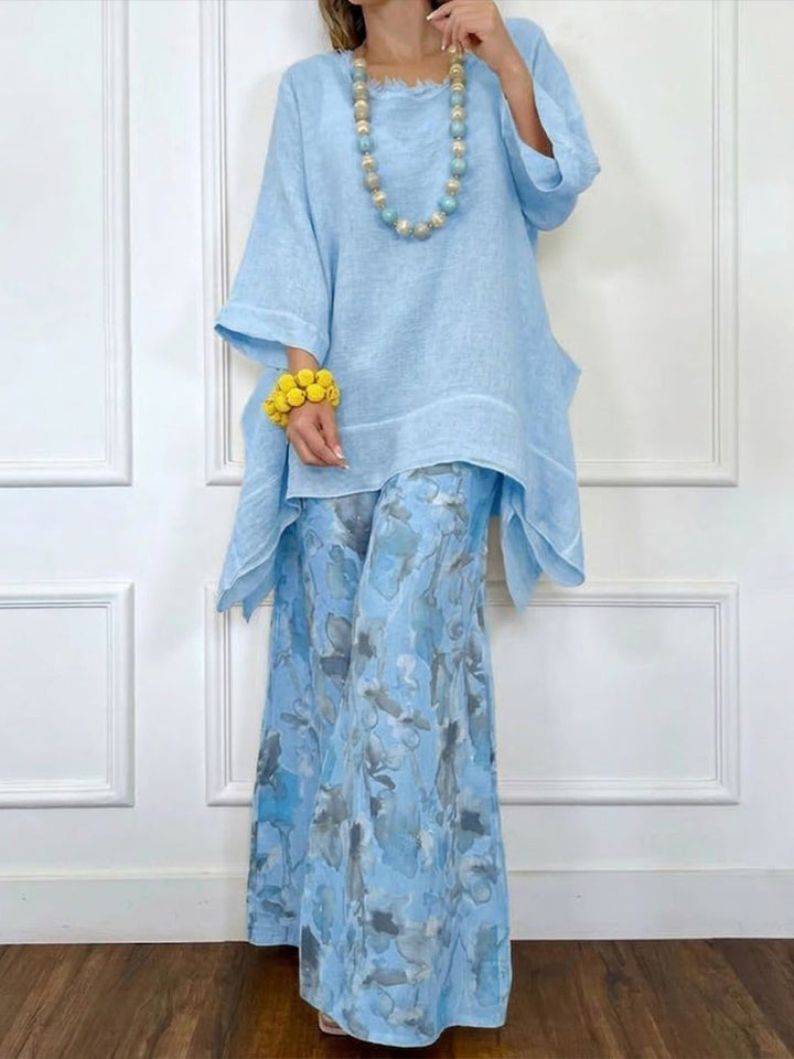 Loose-fit Casual Linen &amp; Cotton Top And Floral-print Pants Two-piece Set