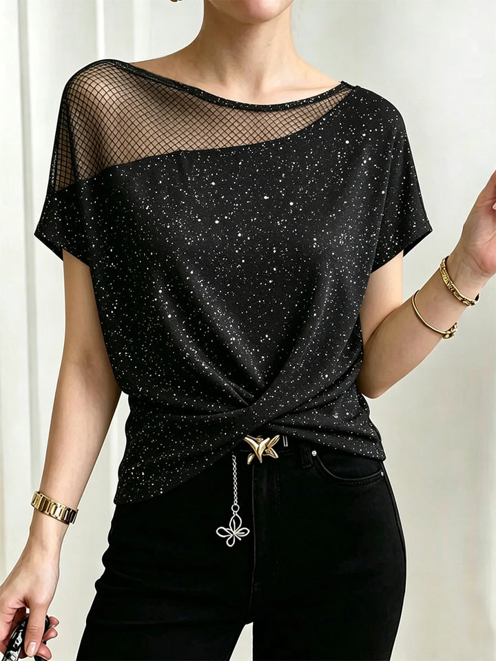 Sparkly Casual Spliced mesh &amp; Knit Stretch Cotton Top