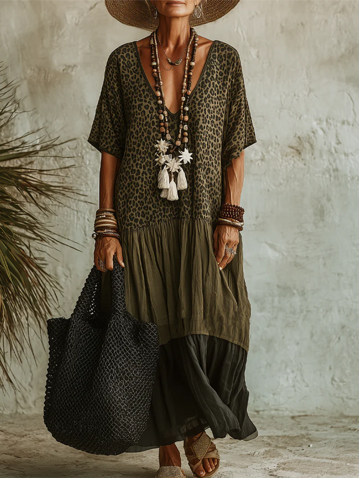 Casual Leopard-print Spliced chiffon &amp; Cotton Dress