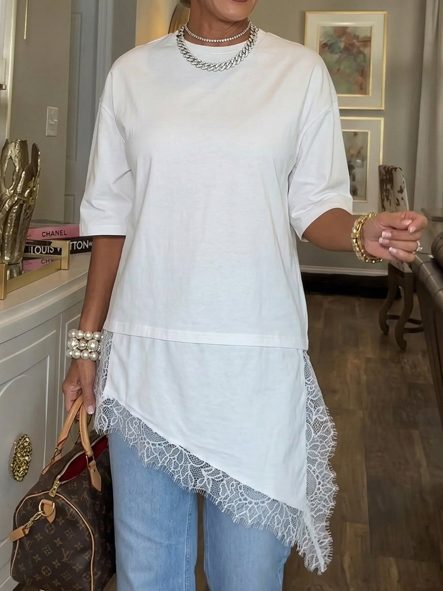 Stylish &amp; Cozy Asymmetrical Lace Hem T-shirt