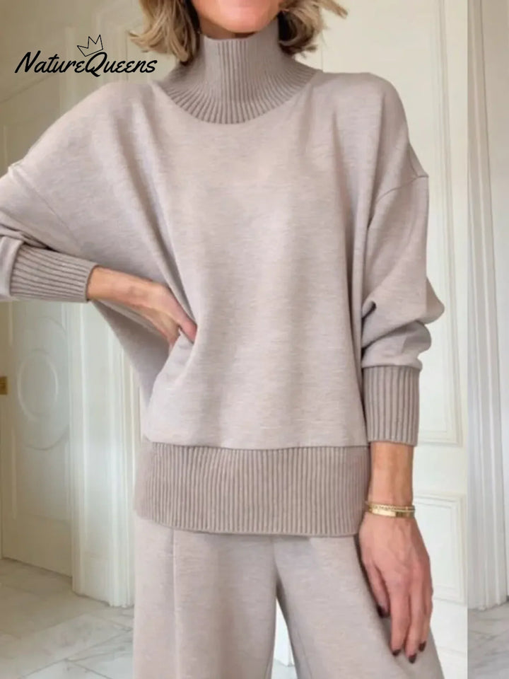 Casual Travel Stand Collar Side Zipper Top Straight Pants Two-Piece Set
