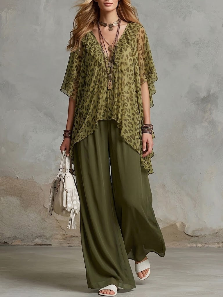 Loose And Cozy Leopard Print Chiffon Two-piece Set (top &amp; Pants)