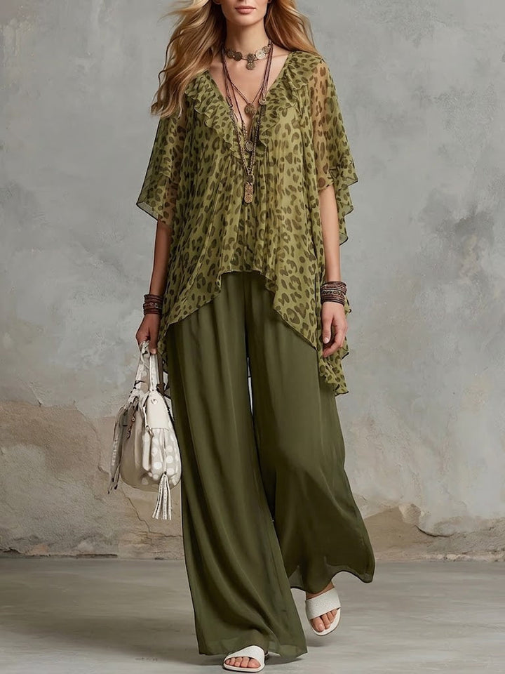 Loose And Cozy Leopard Print Chiffon Two-piece Set (top &amp; Pants)
