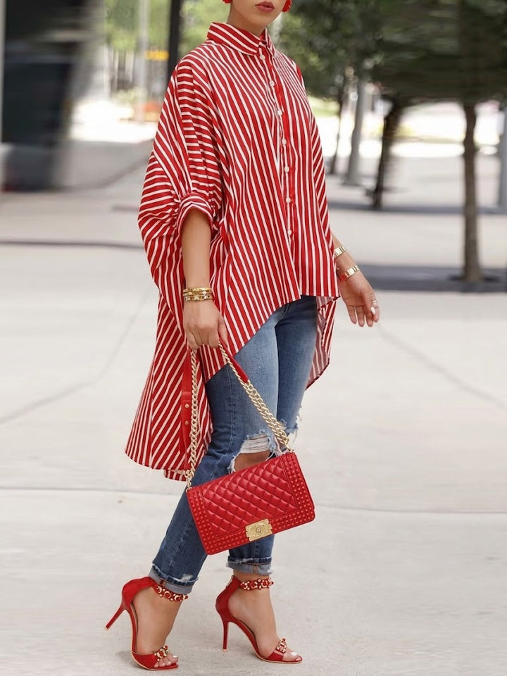Loose-fit Casual Striped Shirt With High-low Hem