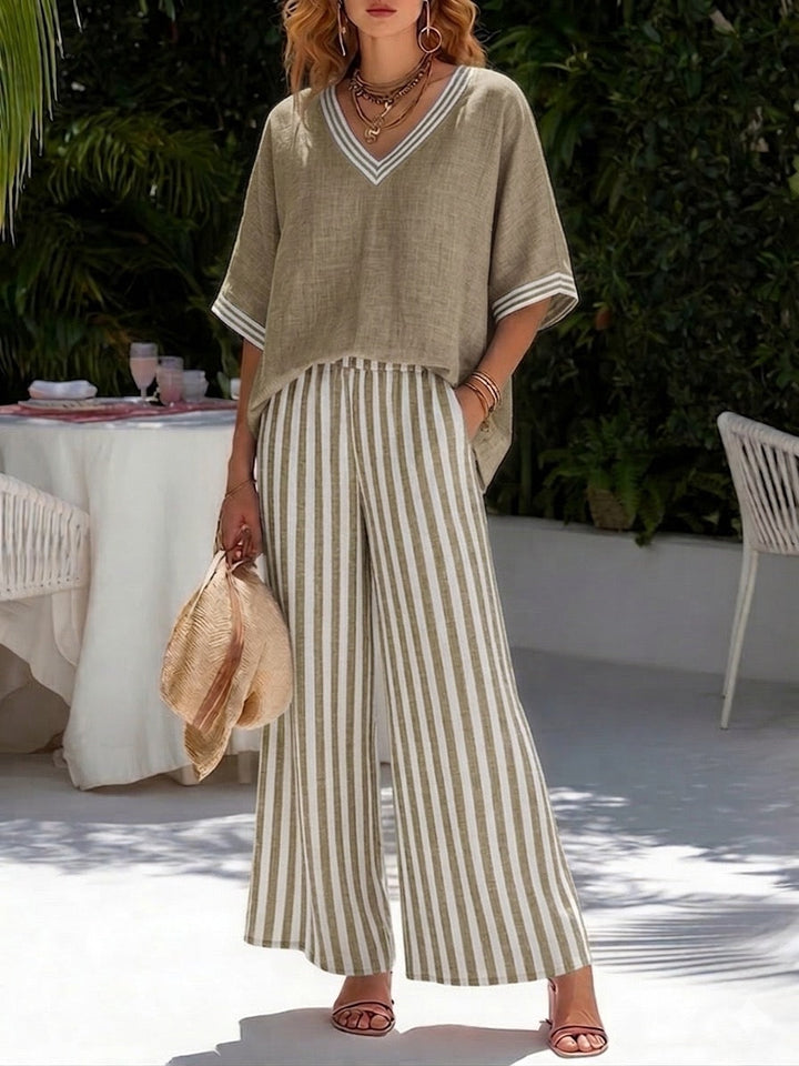 Casual Two-piece Set: Striped Linen &amp; Cotton Patchwork Top And Striped Trousers— Look Put Together in 5 Seconds