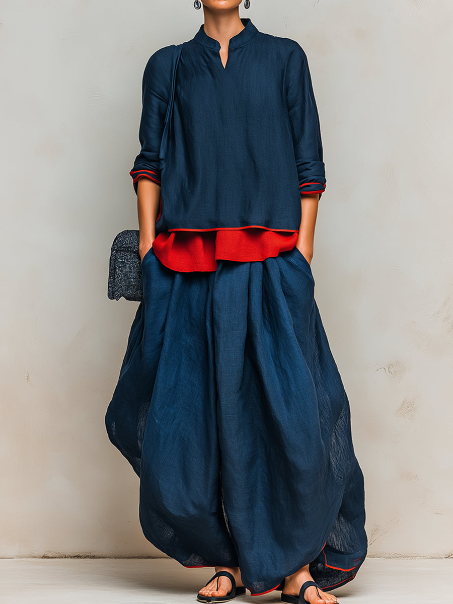 Color-blocked Linen-cotton Top &amp; Lantern Pants Set