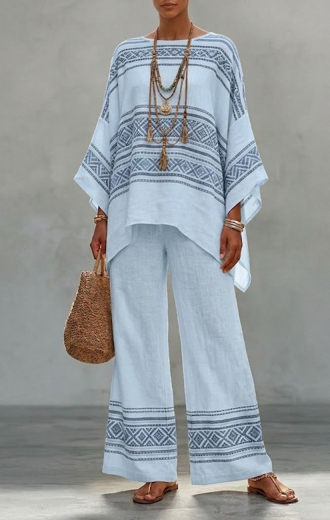 Loose-fit, Casual, Ethnic-style Two-piece Set: Geometric-print Linen &amp; Cotton Top And Pants
