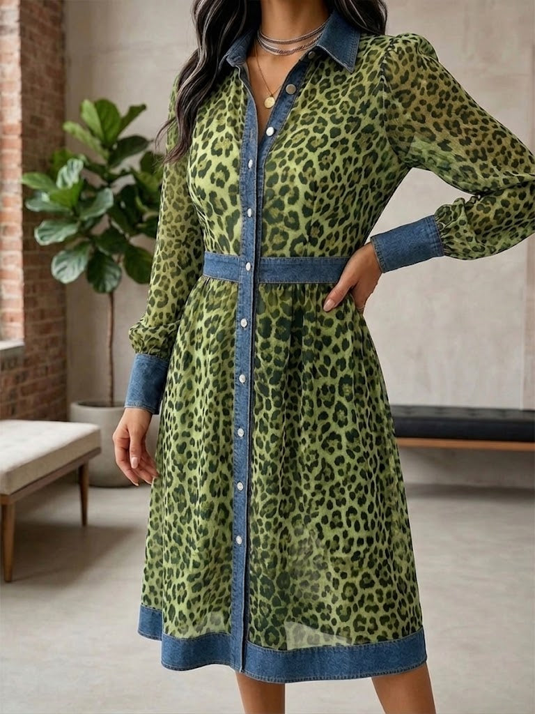 Stylish Casual Leopard-print Chiffon And Denim Patchwork Dress