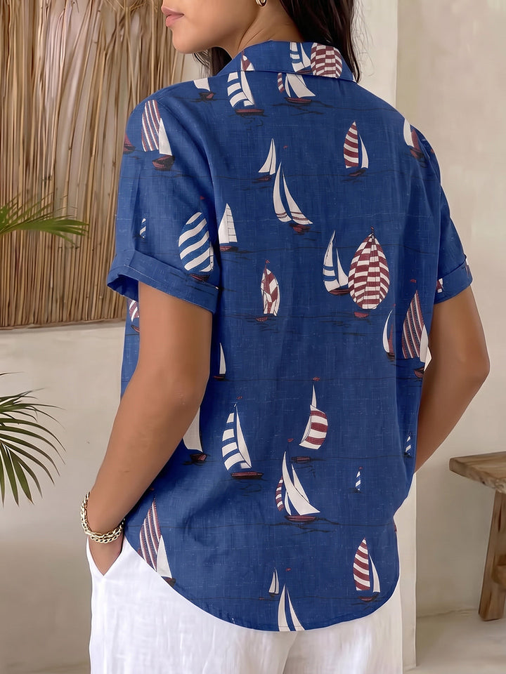 " Sailing Day ” Sailboat-print Cotton-linen Shirt
