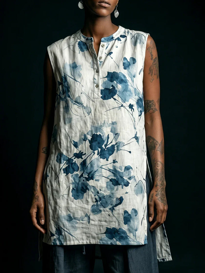 Casual Floral-print Linen And Cotton Sleeveless Shirt