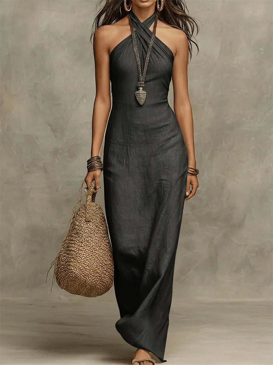 Stylish &amp; Sexy Halter-neck Cotton-linen Maxi Dress