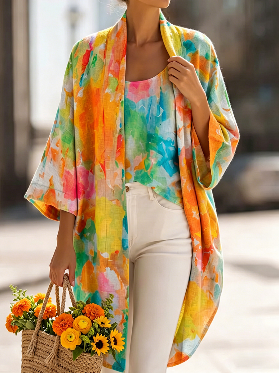 Artistic Watercolor Print Cotton-linen Cardigan &amp; Vest Two-piece Set