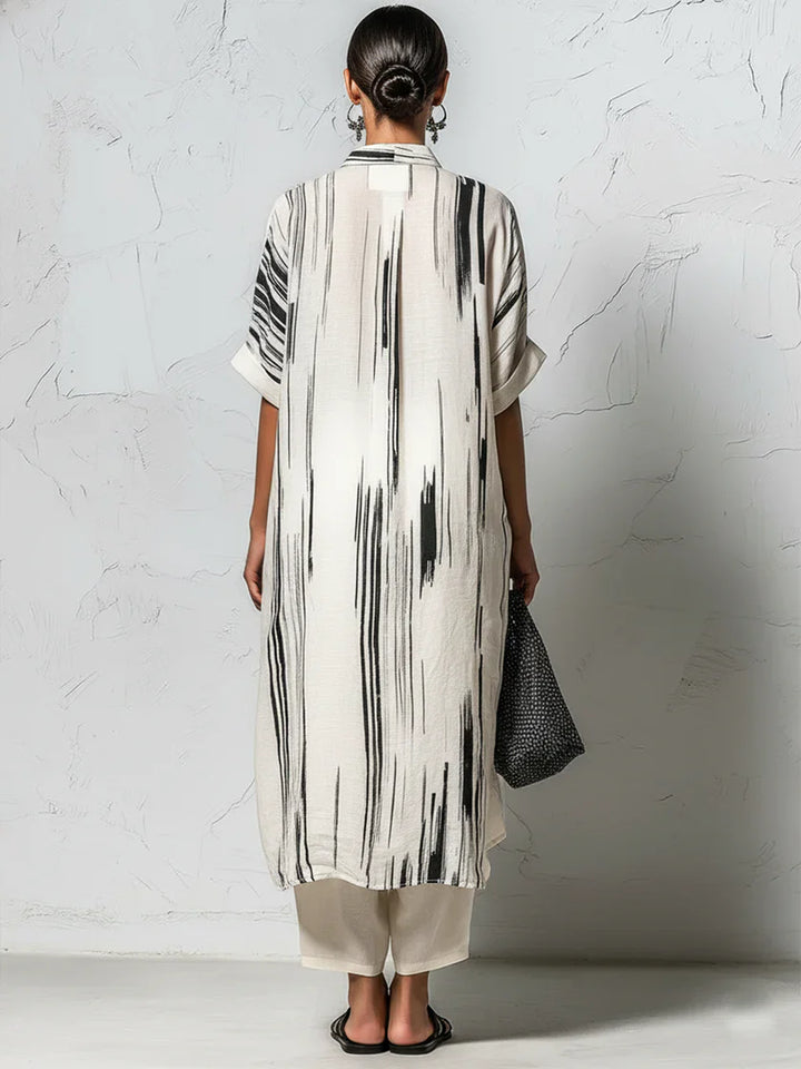 Loose-fit Casual Two-piece Set: Artistic Print Linen &amp; Cotton Long Shirt And Trousers