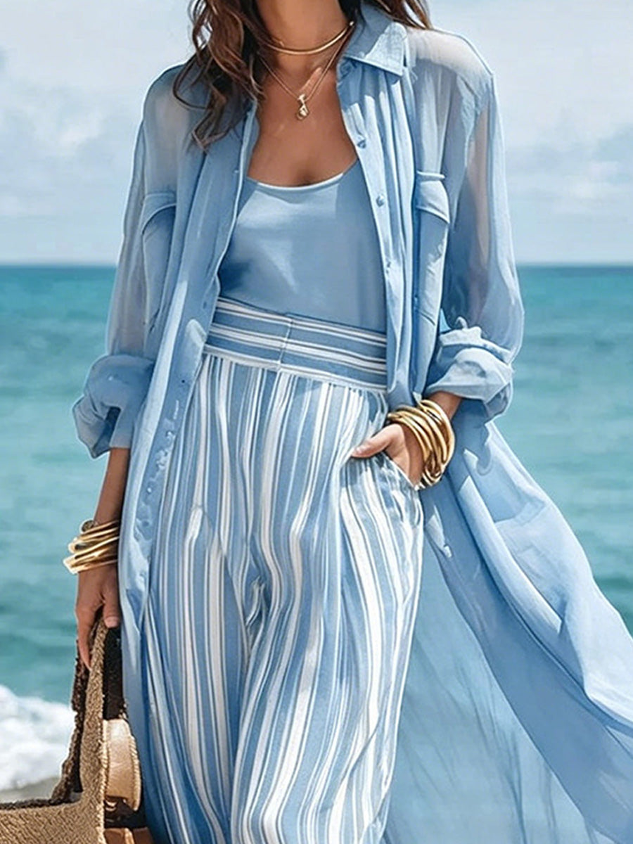 Chiffon Long Cardigan + Cami + Striped Wide-leg Pants Set