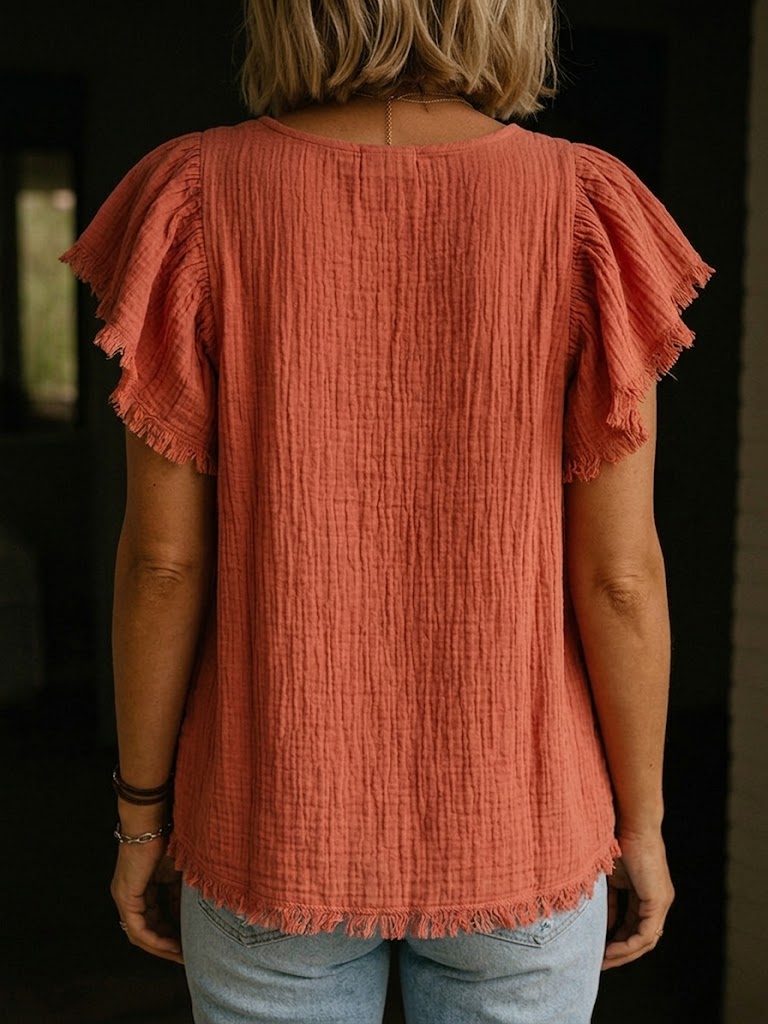 Casual Linen And Cotton Frayed-hem Top