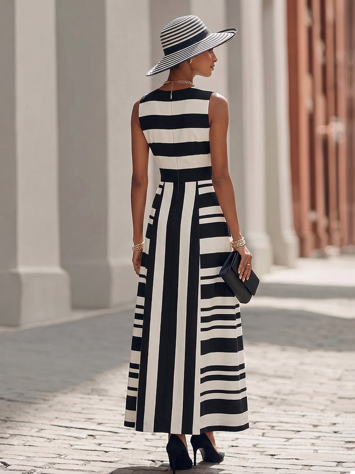 Elegant Artistic Black And White Striped Midi Dress