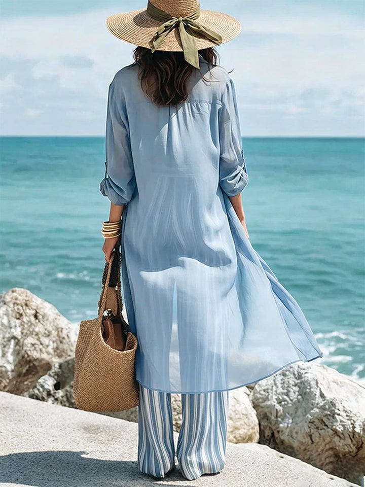 Chiffon Long Cardigan + Cami + Striped Wide-leg Pants Set