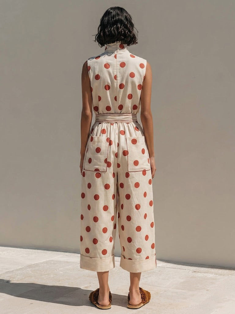 Polka-dot Sleeveless High-neck Cropped Wide-leg Jumpsuit