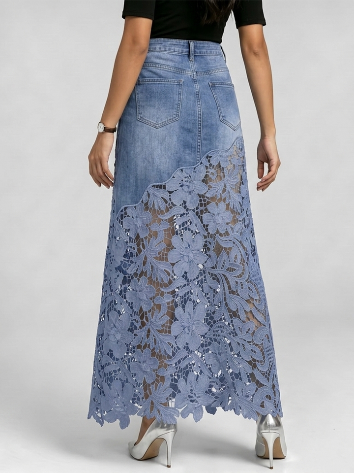 Elegant &amp; Sexy Denim Skirt With Floral Lace Hem