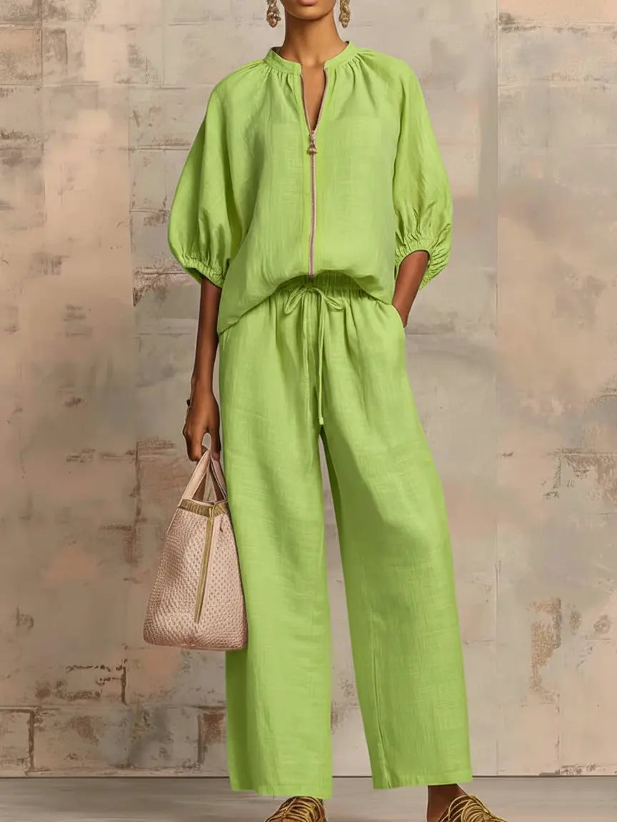 Stylish Cozy Shirt &amp;amp; Wide-Leg Pants Linen Cotton Two-Piece Set