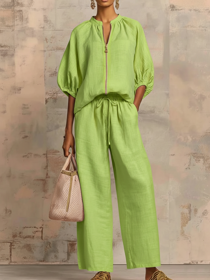 Stylish Cozy Shirt &amp;amp; Wide-Leg Pants Linen Cotton Two-Piece Set