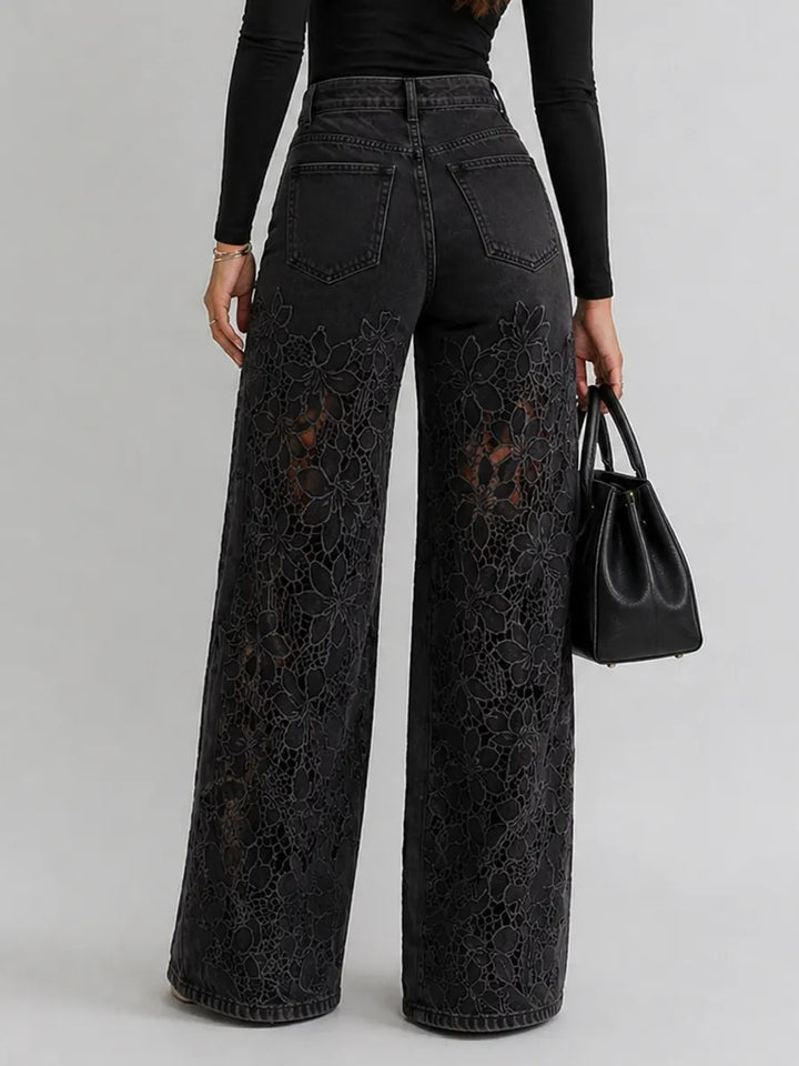 Lace Cut-out Wide-leg Denim Jeans