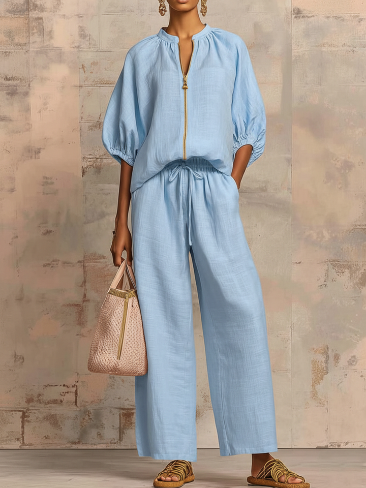 Stylish Cozy Shirt &amp;amp; Wide-Leg Pants Linen Cotton Two-Piece Set