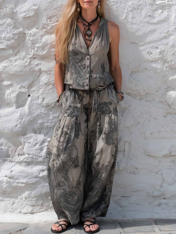 Paisley Print Sleeveless V-neck Top + Harem Pants Set