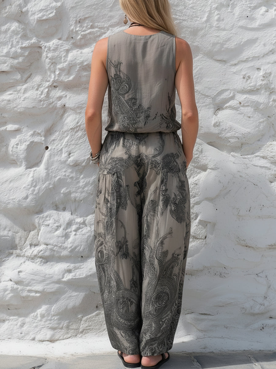 Paisley Print Sleeveless V-neck Top + Harem Pants Set