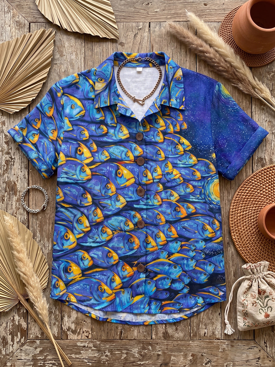 "Deep Sea Dream" Fish Print Cotton-linen Shirt