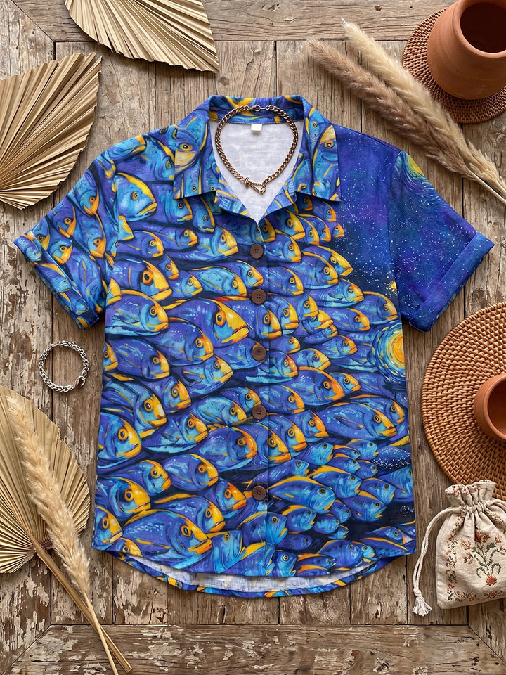"Deep Sea Dream" Fish Print Cotton-linen Shirt