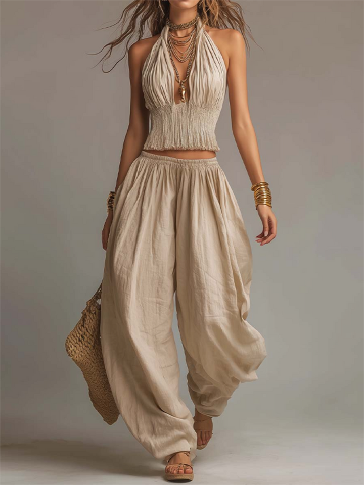 Sexy Boho Halter Top &amp; Wide-leg Pants Two-piece Set