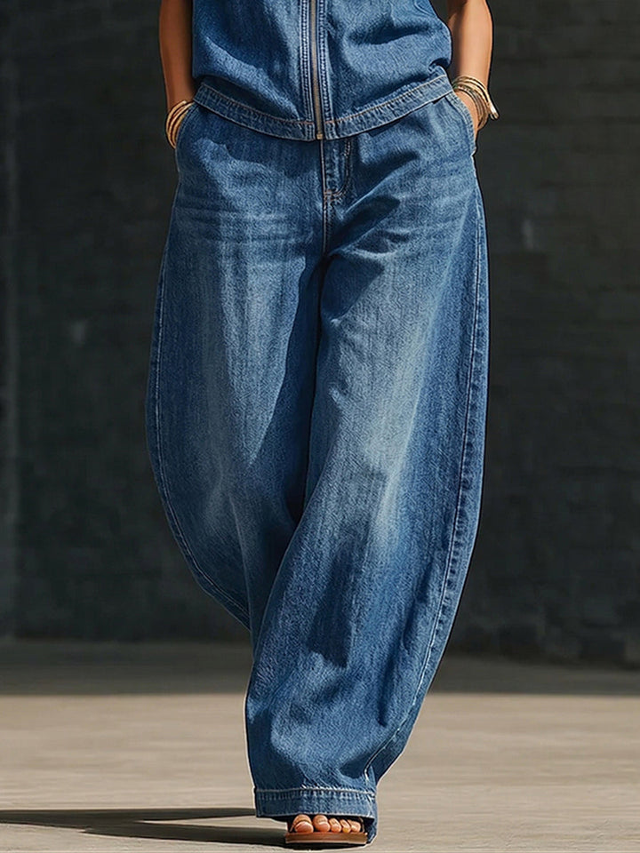 Casual Stand-collar Zip-up Denim Shirt