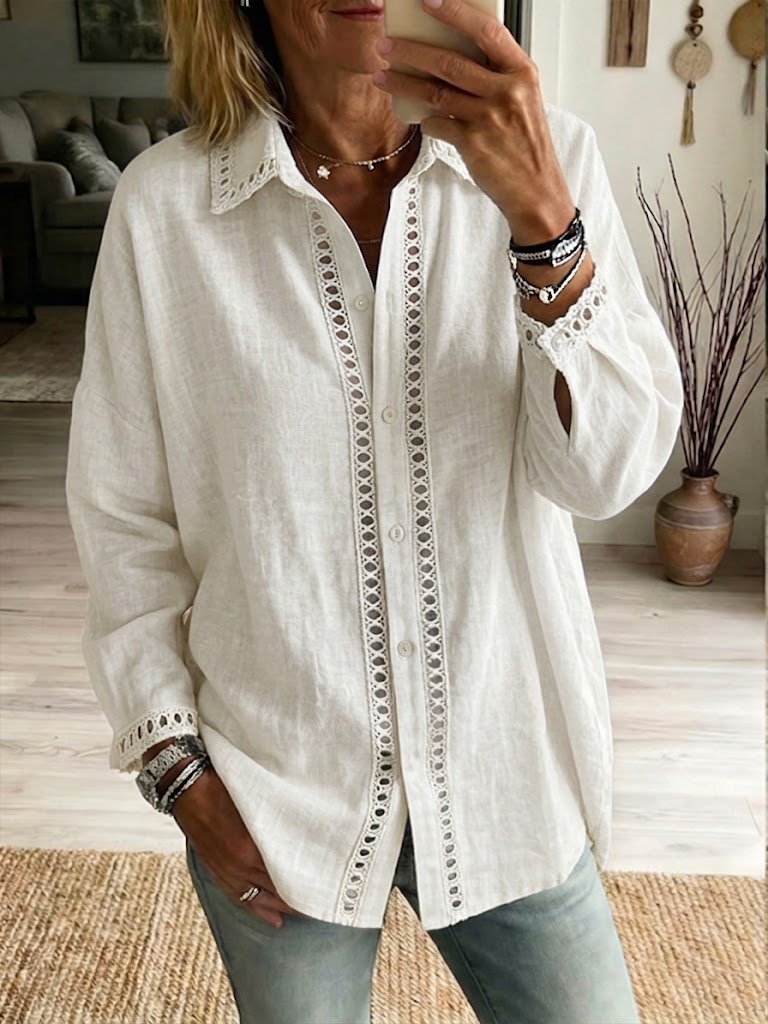 Elena™ | Linen-Cotton Blouse with Elegant Lace Details