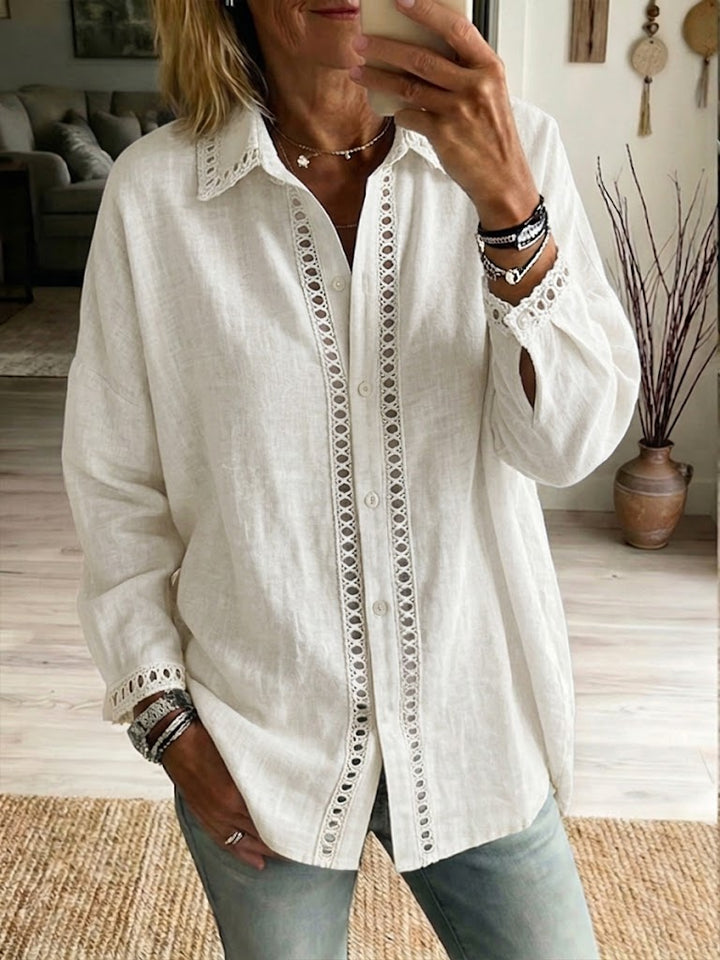 Elena™ | Linen-Cotton Blouse with Elegant Lace Details
