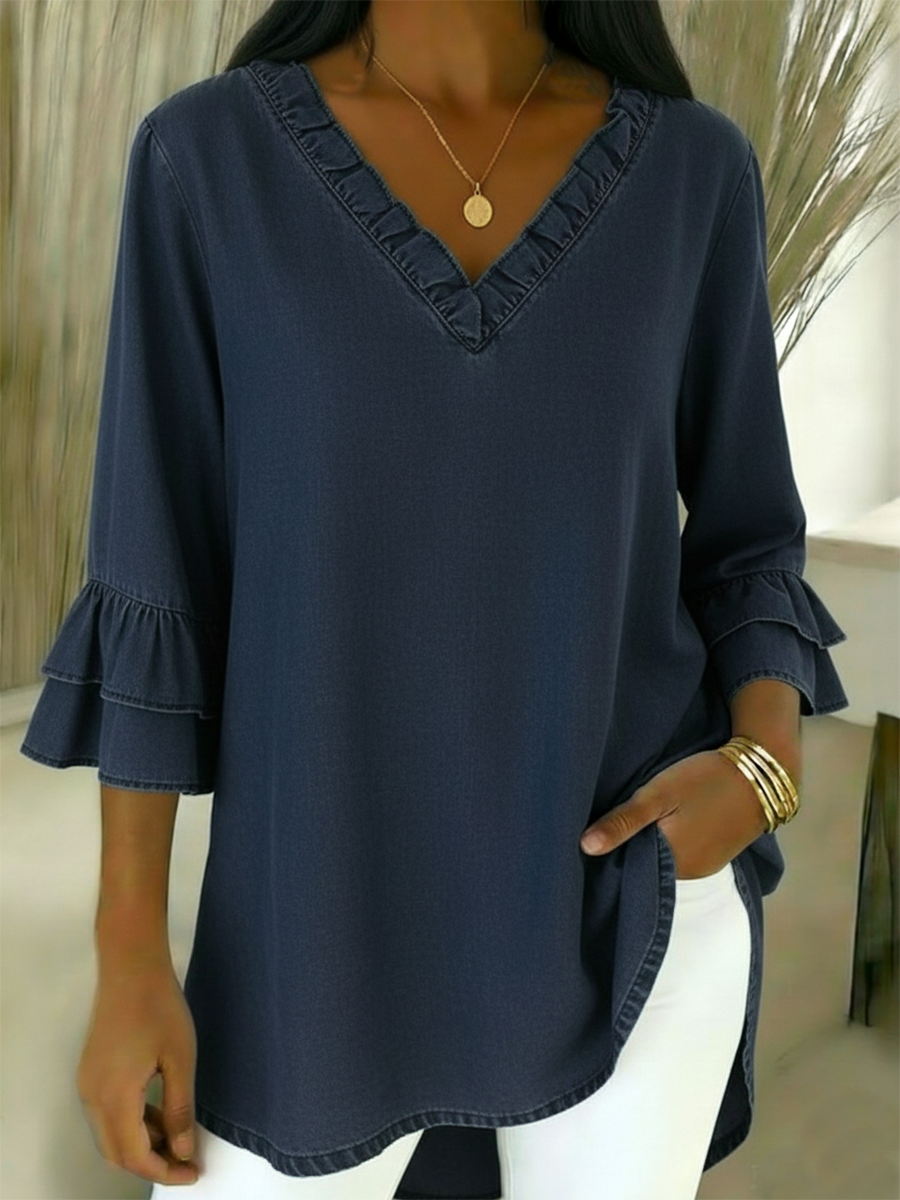 Cozy Ruffled V-neck Denim Cotton Top